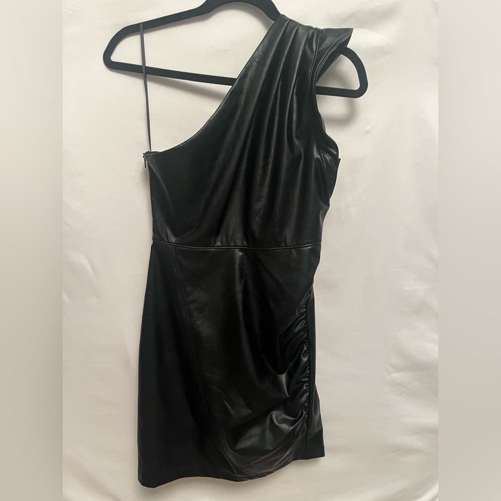 XS Express one shoulder leather-like short dress.